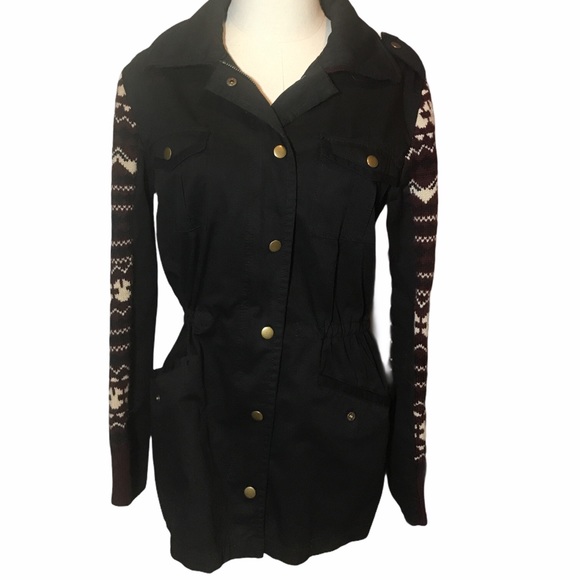 Jessica Simpson Sweater Jacket Black Aztec Drawstring S
